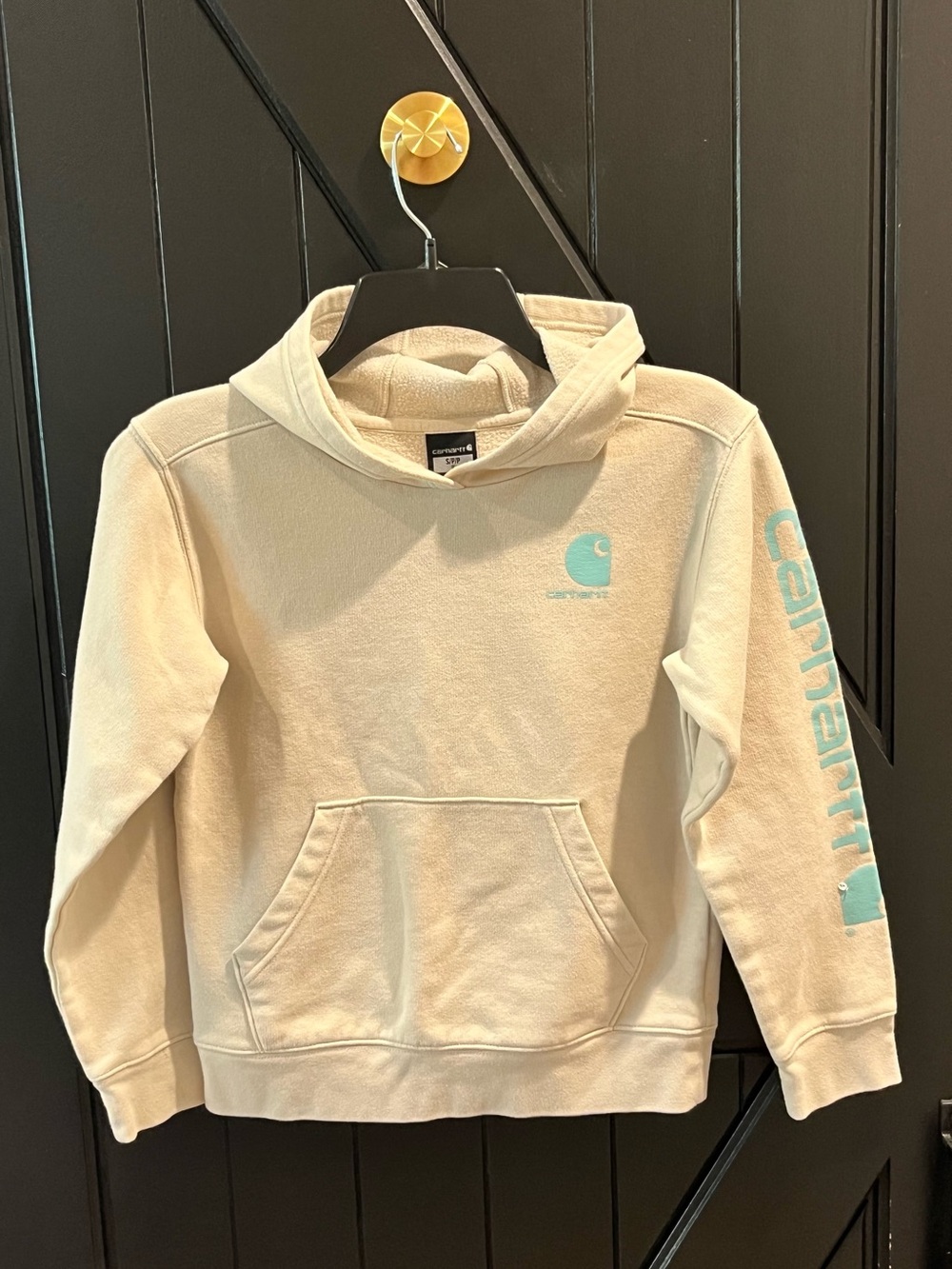 Carhartt Kids Cream Hoodie with Aqua Chest and Sleeve Logo